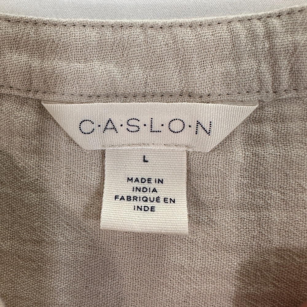 Caslon Cotton Gauze Henley Top Women Large Tan Rolled Sleeve | Coastal Grandma - Picture 5 of 8